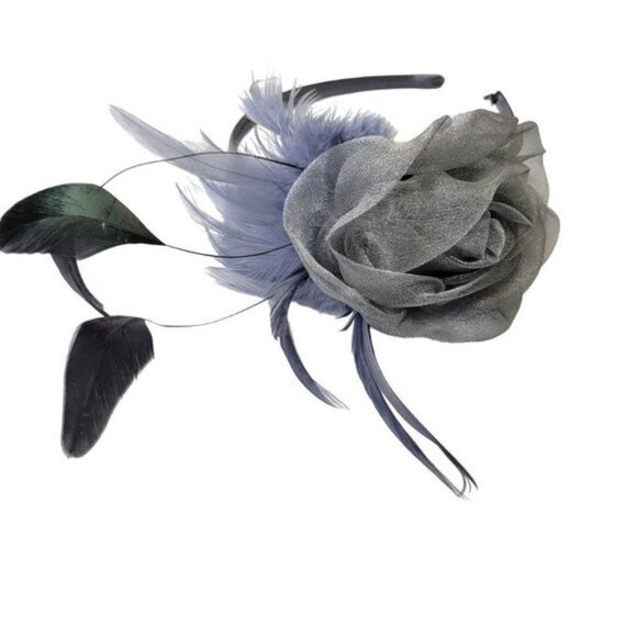 Silver Grey Rose Flower Headband Fascinator with Grey and Black Feathers - Picture 4 of 8